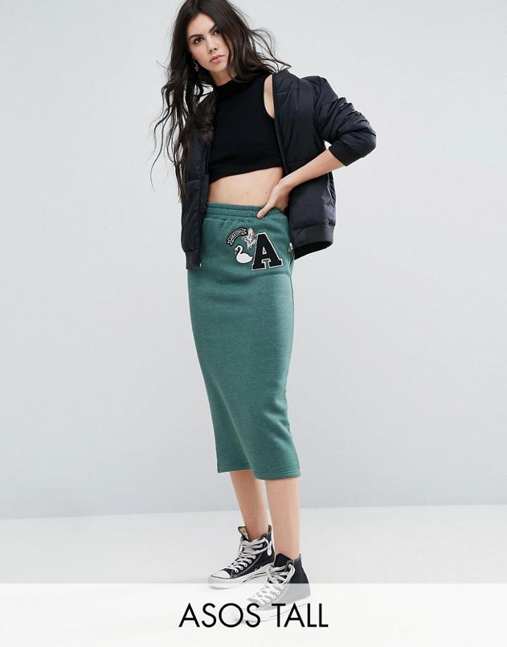 Asos Tall Midi Sweat Skirt With Badging Detail - Green