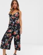 Influence Cami Strap Jumpsuit In Floral Print-black