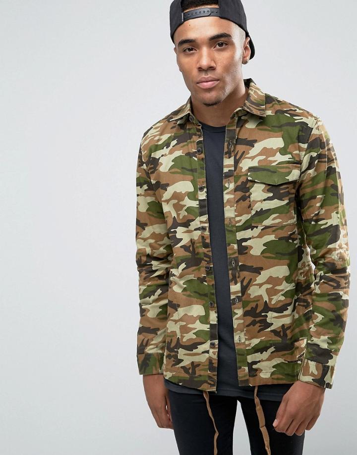 Pull & Bear Shirt Jacket In Camo Print - Green