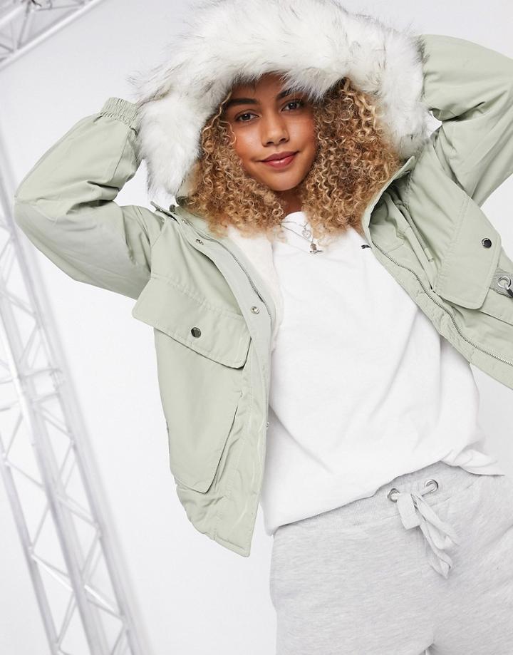 Bershka Cropped Parka In Khaki-green