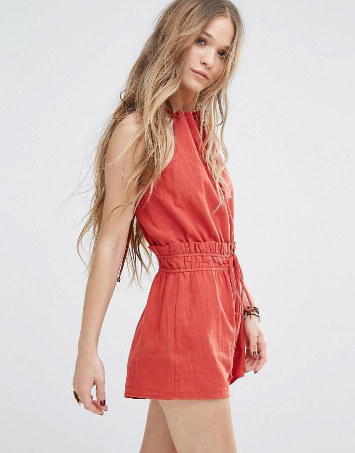 Moon River Elastic Waist Open-back Romper - Red