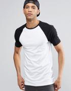 Asos Longline Muscle T-shirt With Contrast Raglan Sleeves In White/black - White
