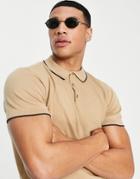 Selected Homme Knit Polo With Tipping Detail In Sand-neutral