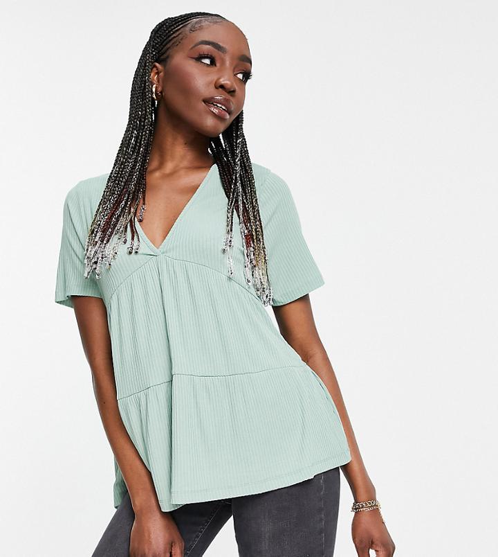 Asos Design Tall Tiered Smock Top In Rib With V Neck In Green