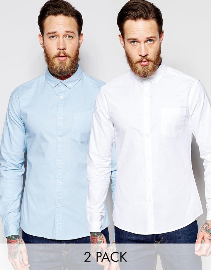 Asos Skinny Oxford Shirt Twin Pack In White And Blue With Long Sleeves
