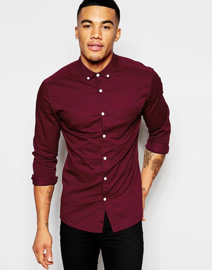 Asos Skinny Shirt In Burgundy Twill - Burgundy