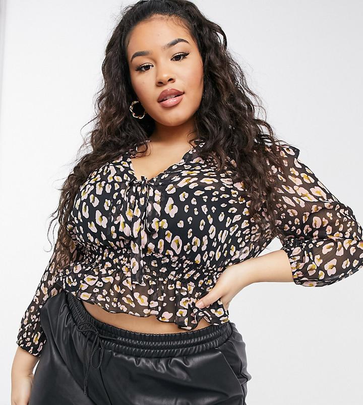Asos Design Curve Sheer Long Sleeve Top With Shirred Waist In Pink Leopard Print-multi
