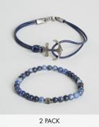 Simon Carter Beaded & Leather Bracelets In 2 Pack Exclusive To Asos - Blue
