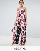 Asos Tall Satin Jumpsuit In Mixed Blurred Floral Print - Multi