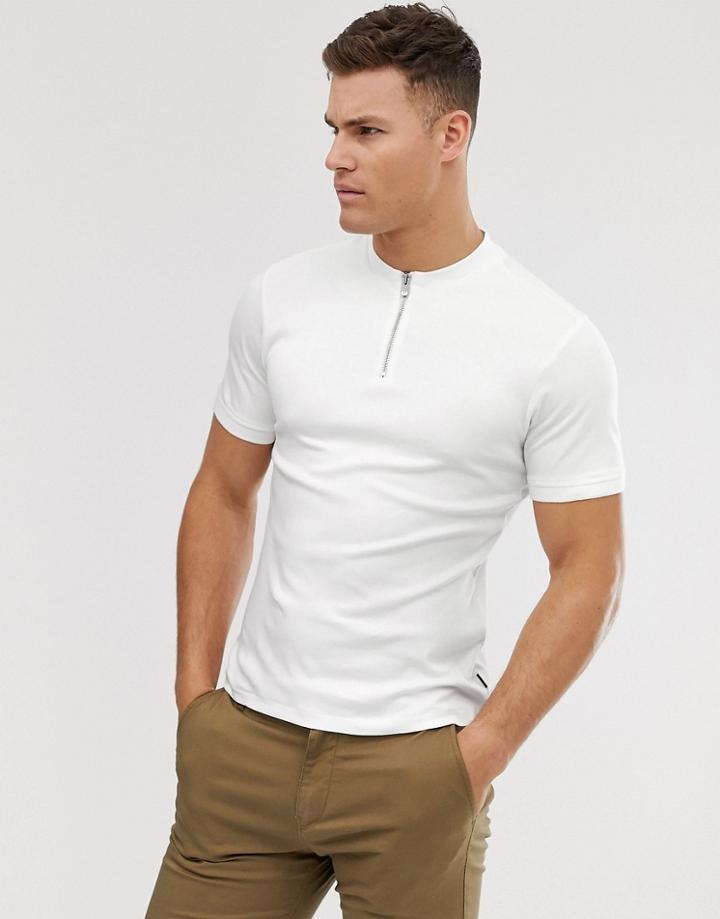 Jack & Jones Premium Grandad Collar Zip Polo In White - White