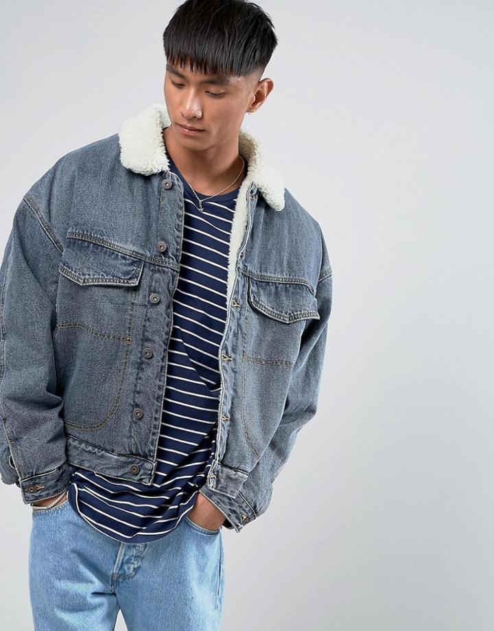 Asos Fully Fleece Lined Oversized Denim Jacket In Blue Wash - Blue
