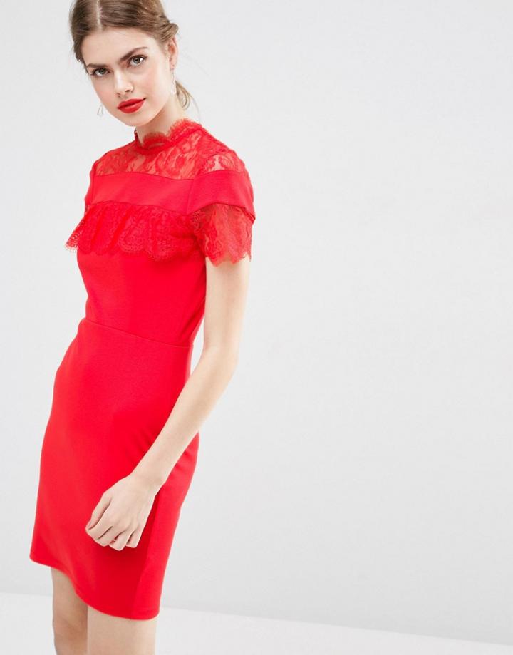 Asos Ponte Pencil Dress With Mesh & Lace Insert - Red