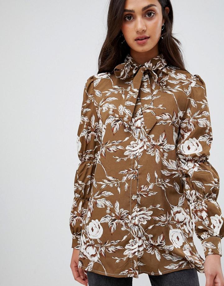 Parisian Floral Print Bussy Bow Blouse - Green