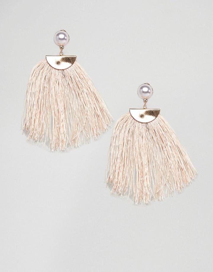 Nylon Cream Tassel Earrings - Cream