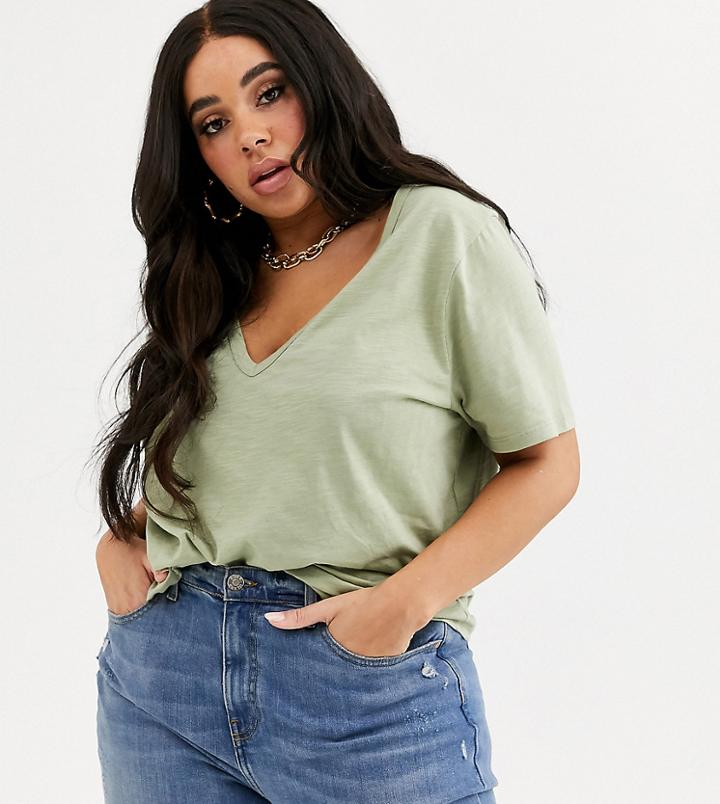 Asos Design Curve T-shirt In Slubby Jersey With V-neck In Khaki-green
