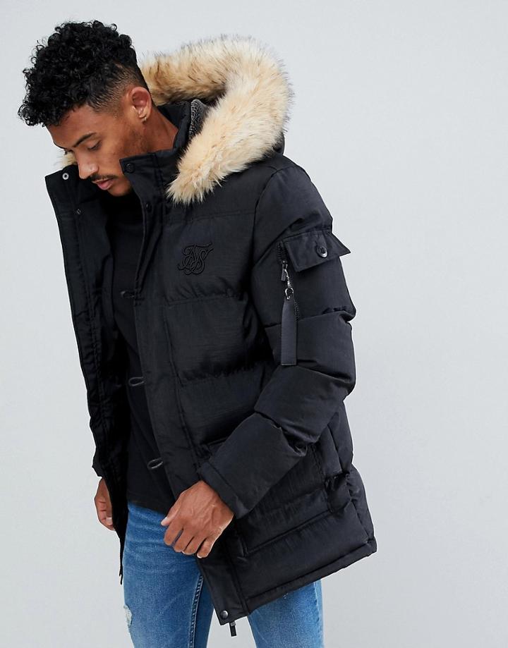 Siksilk Parka Jacket With Faux Fur Hood In Black - Black