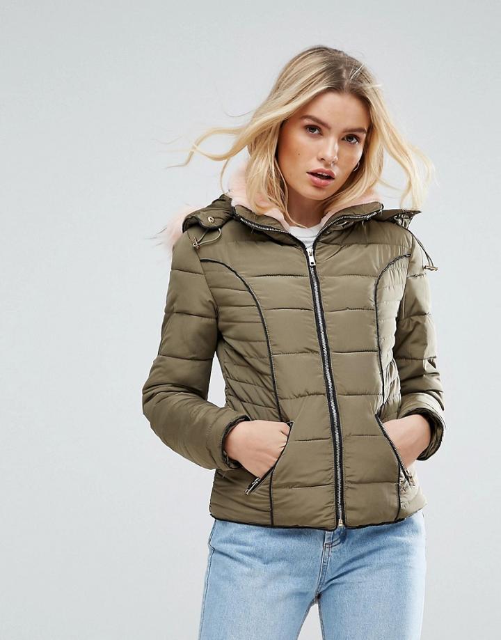 Parisian Padded Jacket With Faux Fur Trim Hood - Green