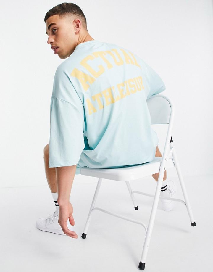 Asos Actual Athleisure Oversized T-shirt With Chest And Back Graphic Print In Canal Blue-blues