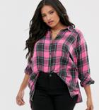 Asos Design Curve Long Sleeve Boyfriend Shirt In Pink Check - Multi