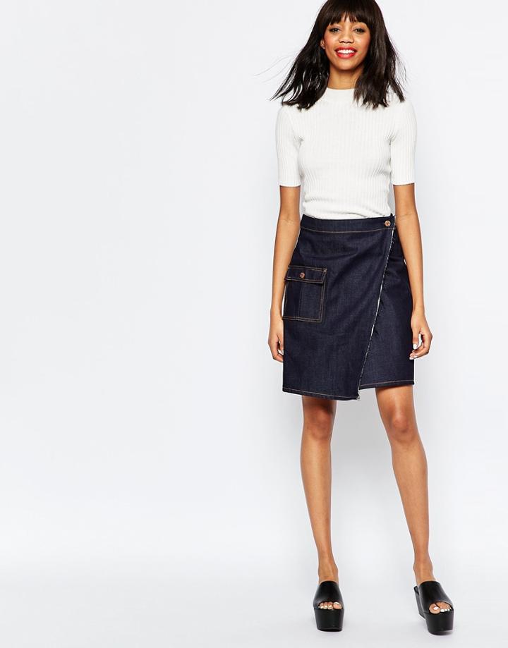 Monki Denim Wrap Over Skirt - Blue