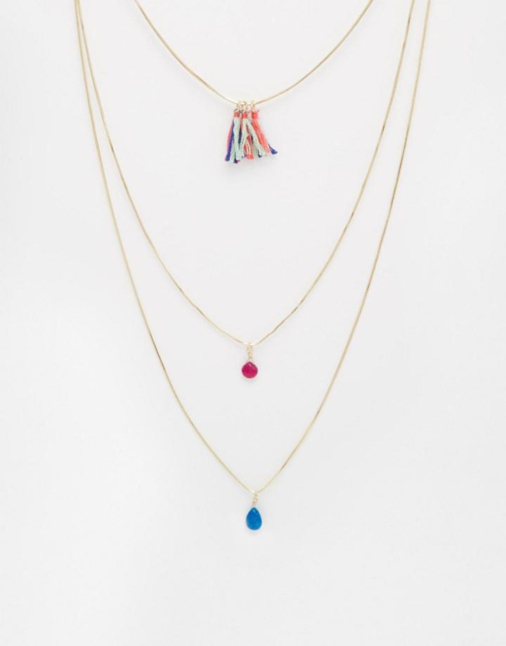 Asos Multirow Rainbow Tassel Necklace - Multi