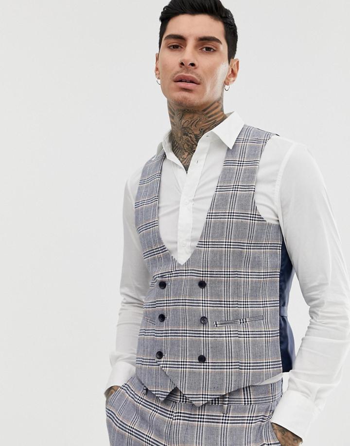 Gianni Feraud Skinny Fit Linen Blend Check Suit Vest Double Breasted Scoop - Blue