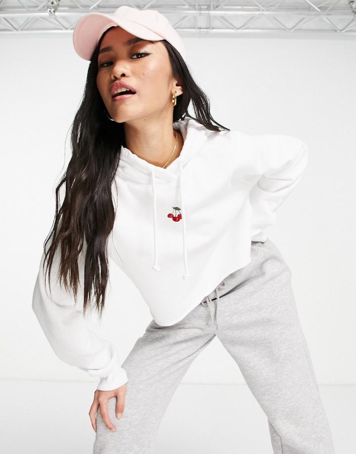 Hollister Embroidered Cherry Cropped Hoodie In White