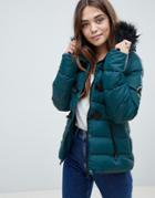 Brave Soul Wizard Short Padded Coat With Faux Fur Hood - Navy