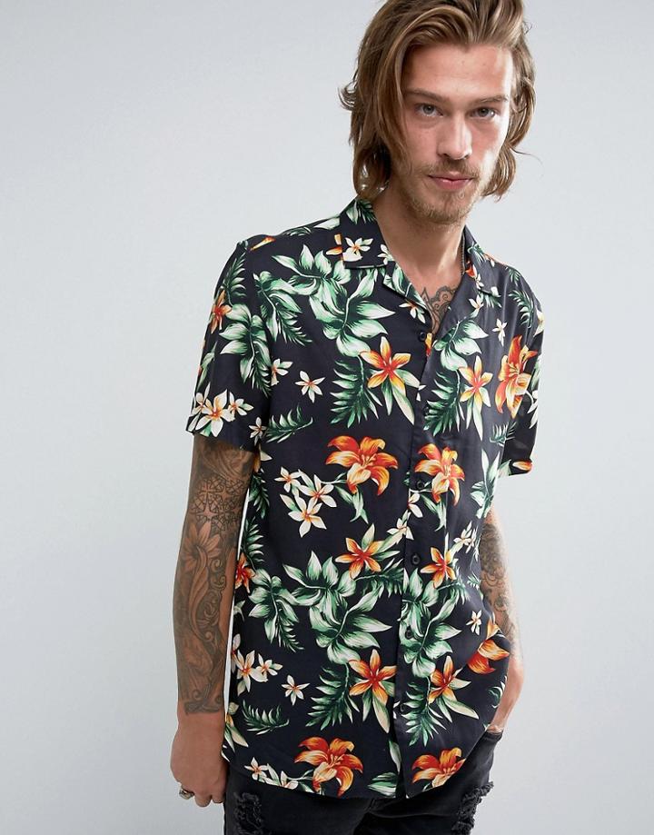 Asos Regular Fit Viscose Shirt With Hawaiian Print & Revere Collar - Black