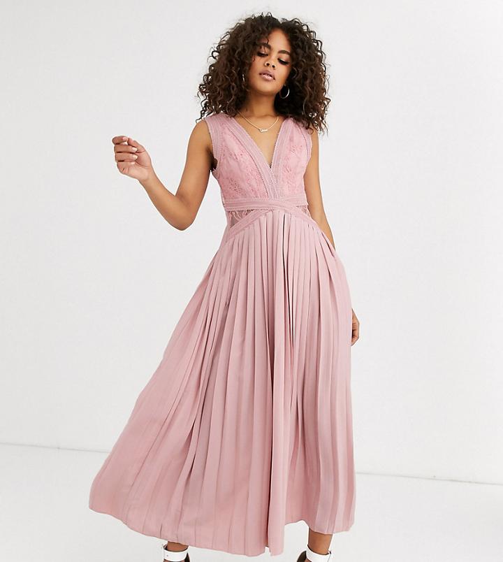 Little Mistress Tall Lace Top Midi Skater Dress With Pleated Skirt In Pink - Pink