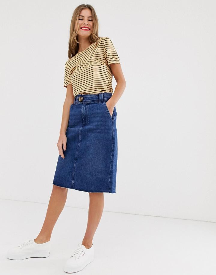 Pieces Button Waist Denim Midi Skirt - Blue
