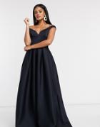 True Violet Black Label Bardot Prom Maxi Dress With Pockets In Navy