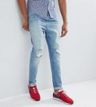 Asos Design Tall Drop Crotch Jeans In Mid Wash Blue With Rips - Blue
