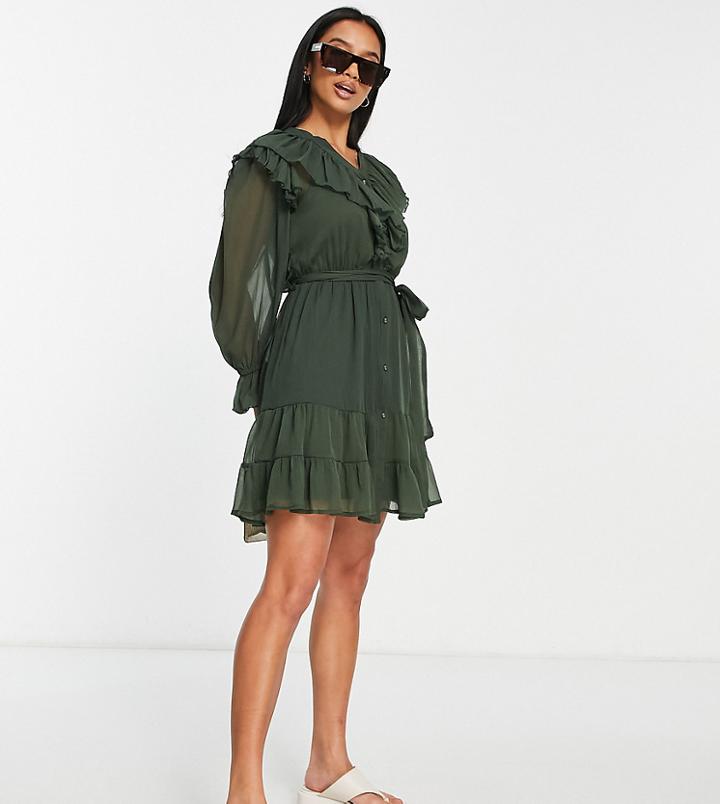 River Island Petite Ruffle Detail Mini Dress In Khaki-green