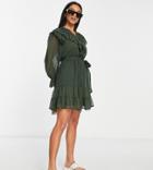 River Island Petite Ruffle Detail Mini Dress In Khaki-green