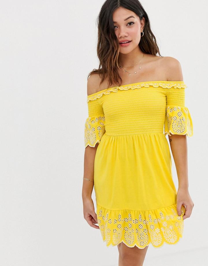Asos Design Mini Shirred Top Sundress With Contrast Embroidery-yellow