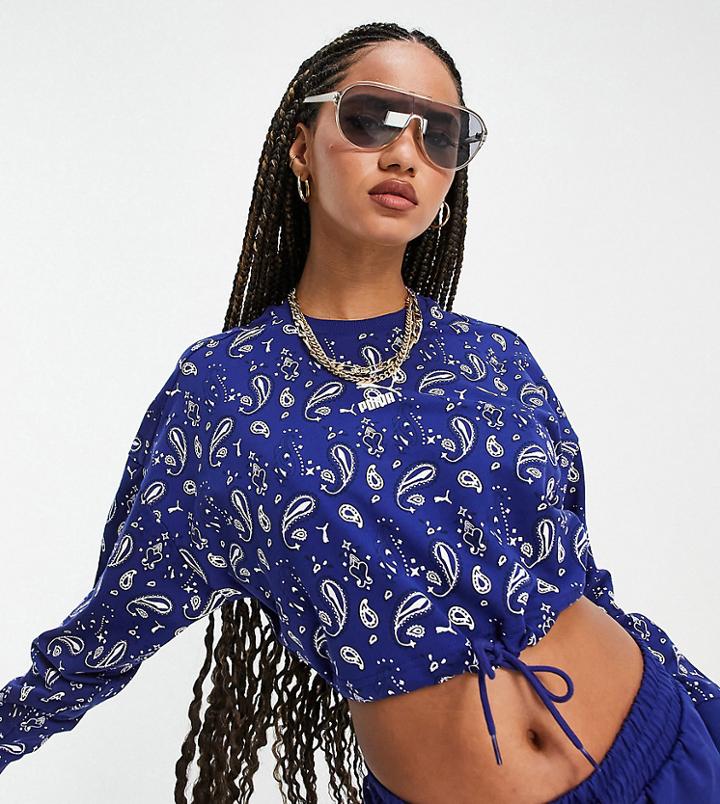 Puma Off Beat Paisley Print Cropped Sweatshirt In Blue-blues