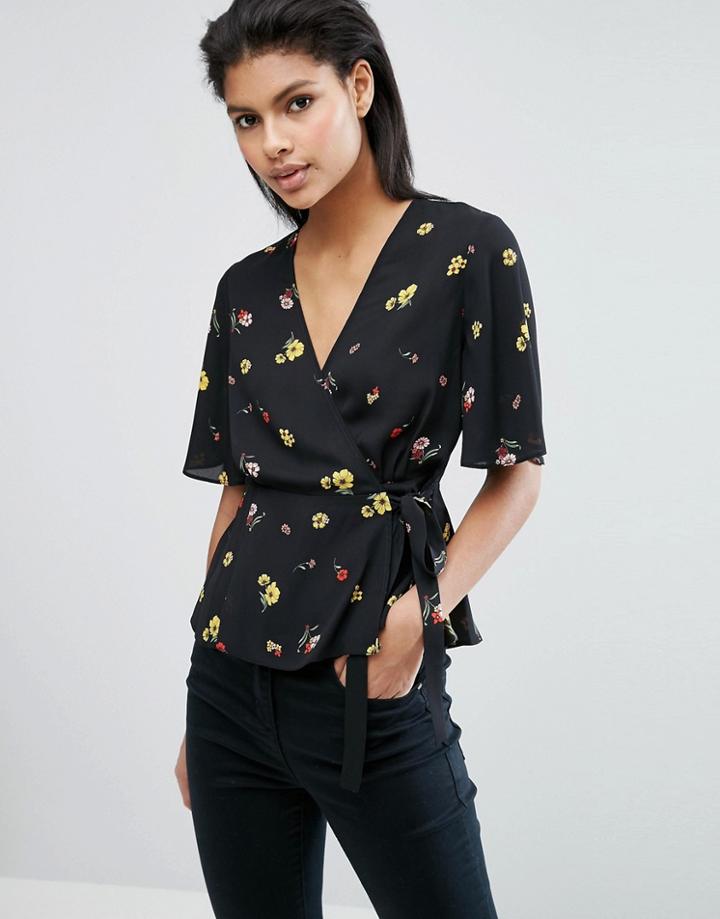 Asos Wrap Tea Blouse In Spaced Floral Print - Multi