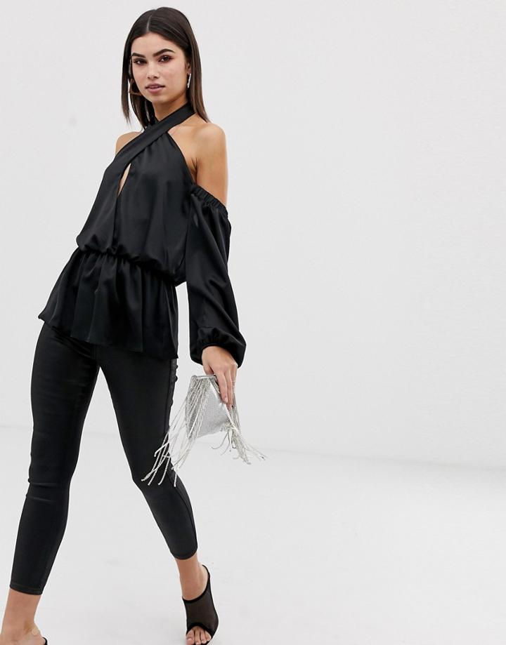 Asos Design Halter Top With Off Shoulder Detail - Black