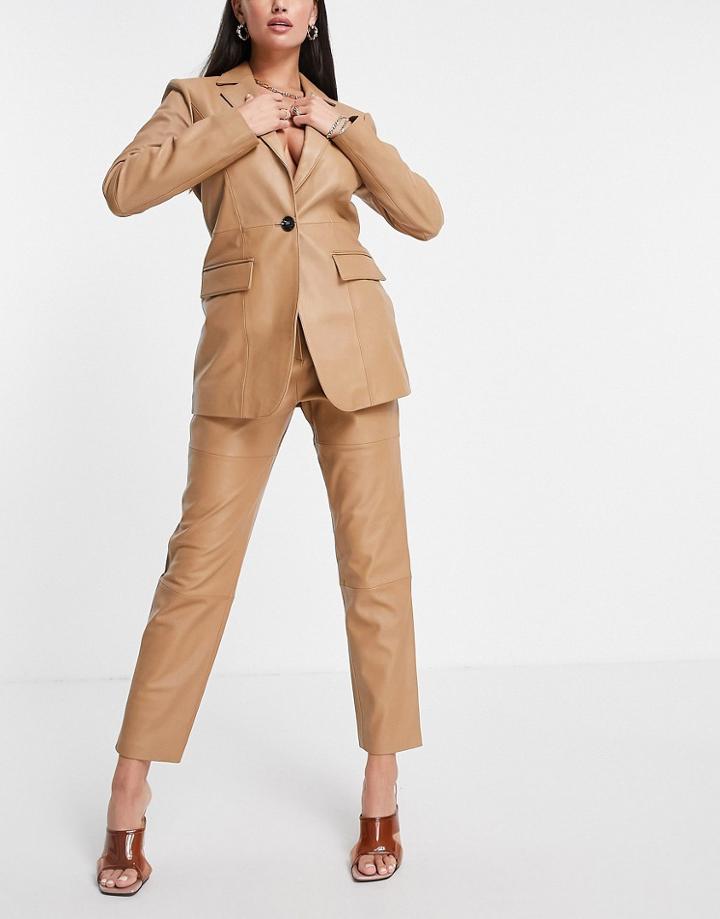 Asos Edition Leather Pants In Camel-neutral