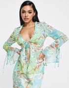 Asos Design Chiffon Shirt In Green Swirl Print - Part Of A Set-multi