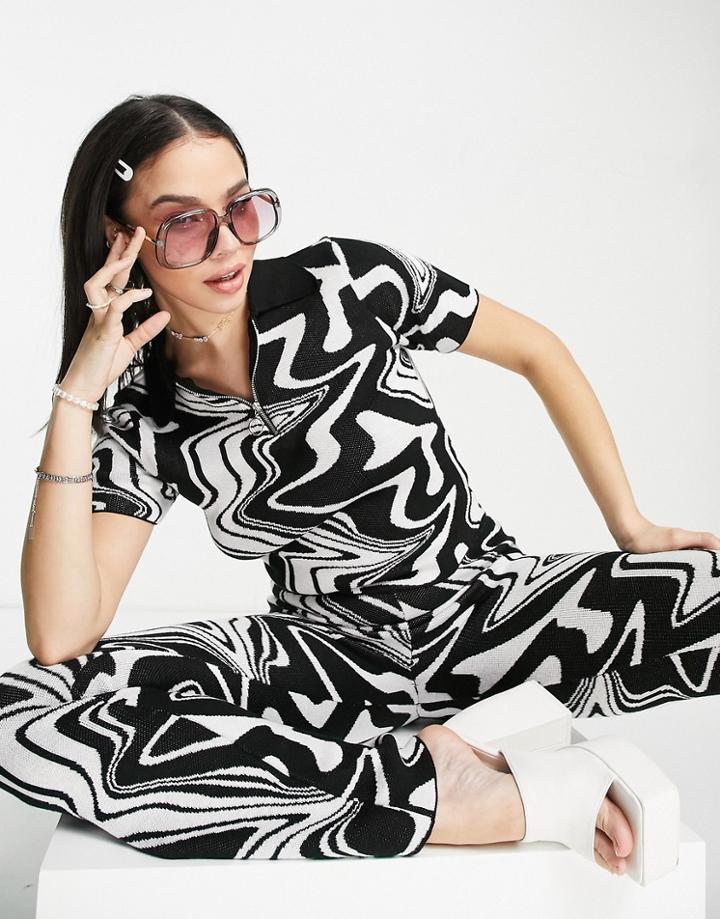Asos Design Sweater With Collar In Mono Pattern - Part Of A Set-black