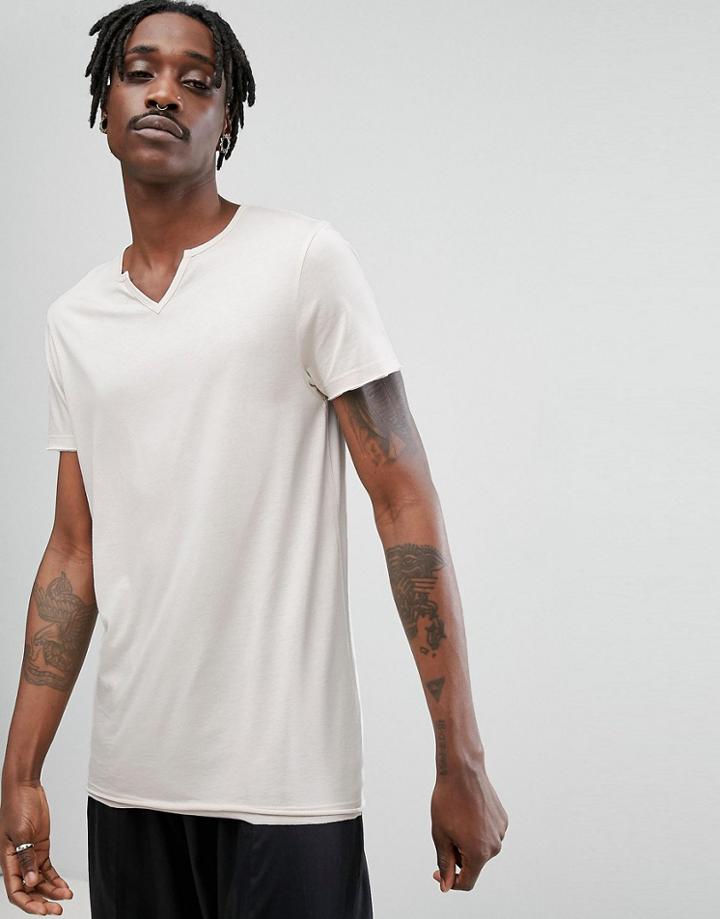 Asos Design Slinky T-shirt With Notch Neck In Beige - Beige