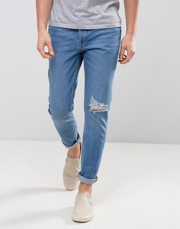 Zeffer Mid Indigo Wash Skinny Jeans With Unrolled Hems - Blue