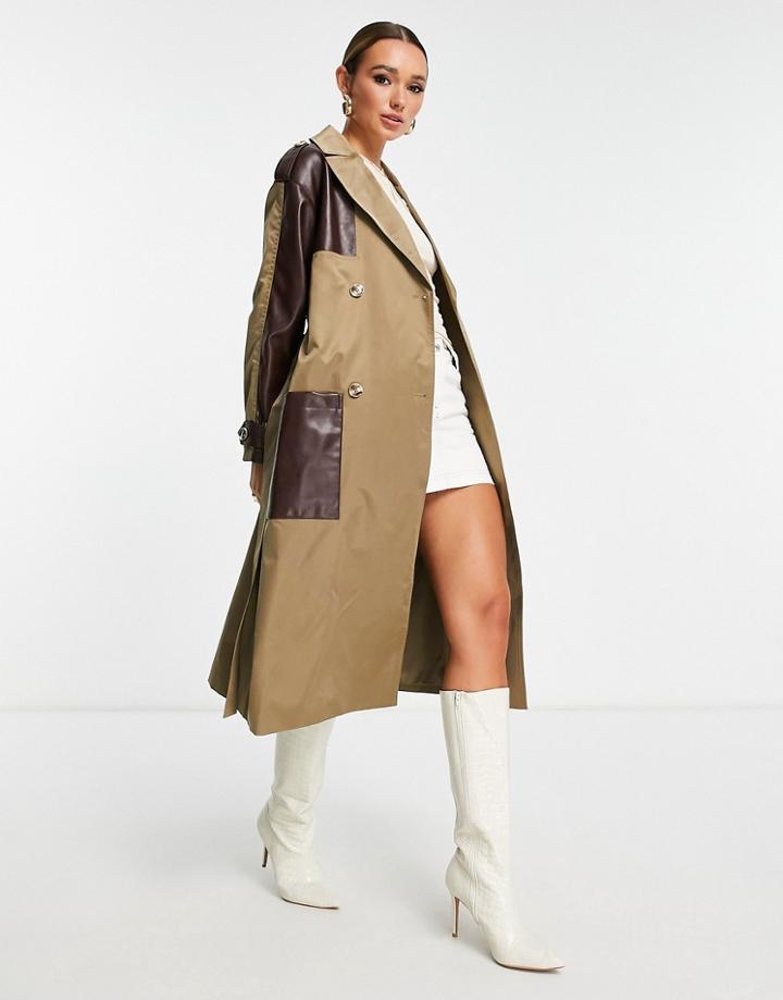 4th & Reckless Trench Coat With Contrast Leather Look Detailing In Brown