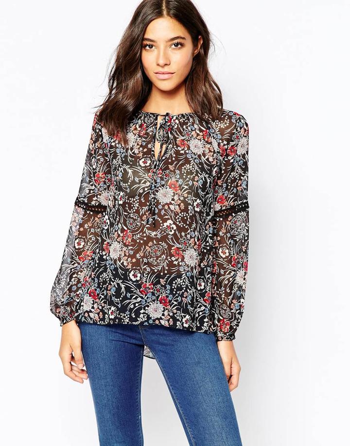 Warehouse Tie Neck Printed Gypsy Blouse - Multi