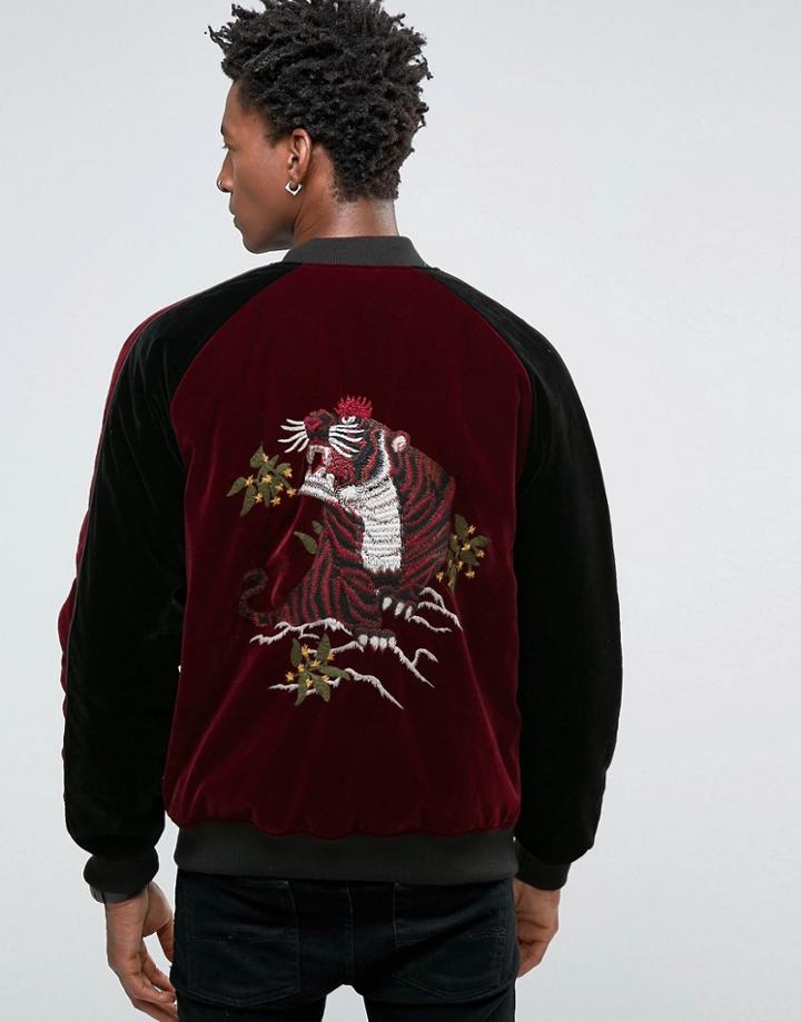 Asos Bomber In Velvet With Tiger Embroidery - Red