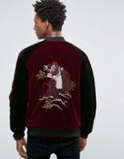 Asos Bomber In Velvet With Tiger Embroidery - Red