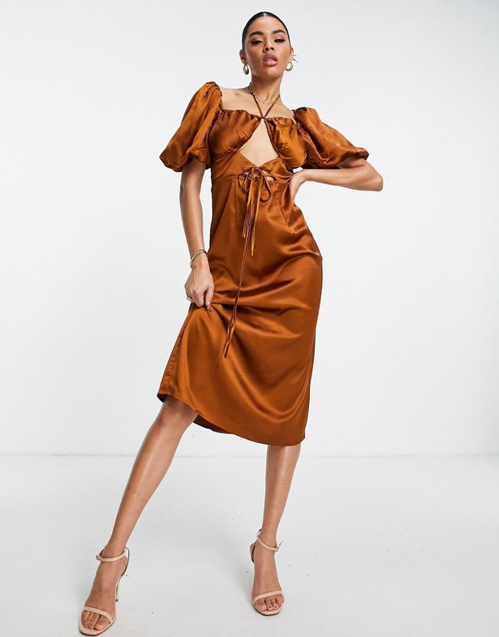 Missguided Tie Front Puff Sleeve Satin Midi Dress In Rust-brown