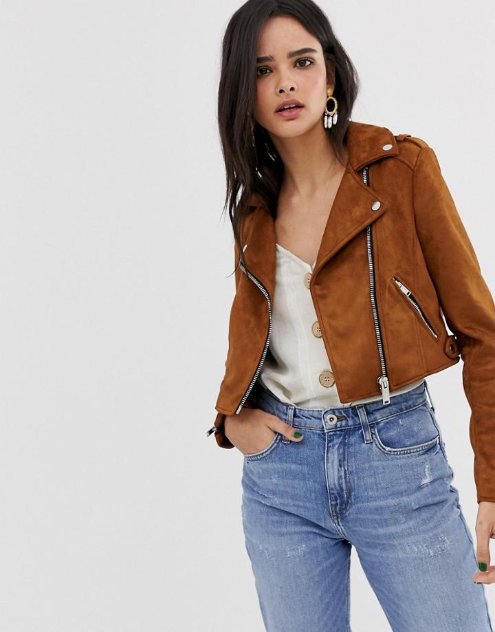 River Island Faux Suede Biker Jacket In Tan